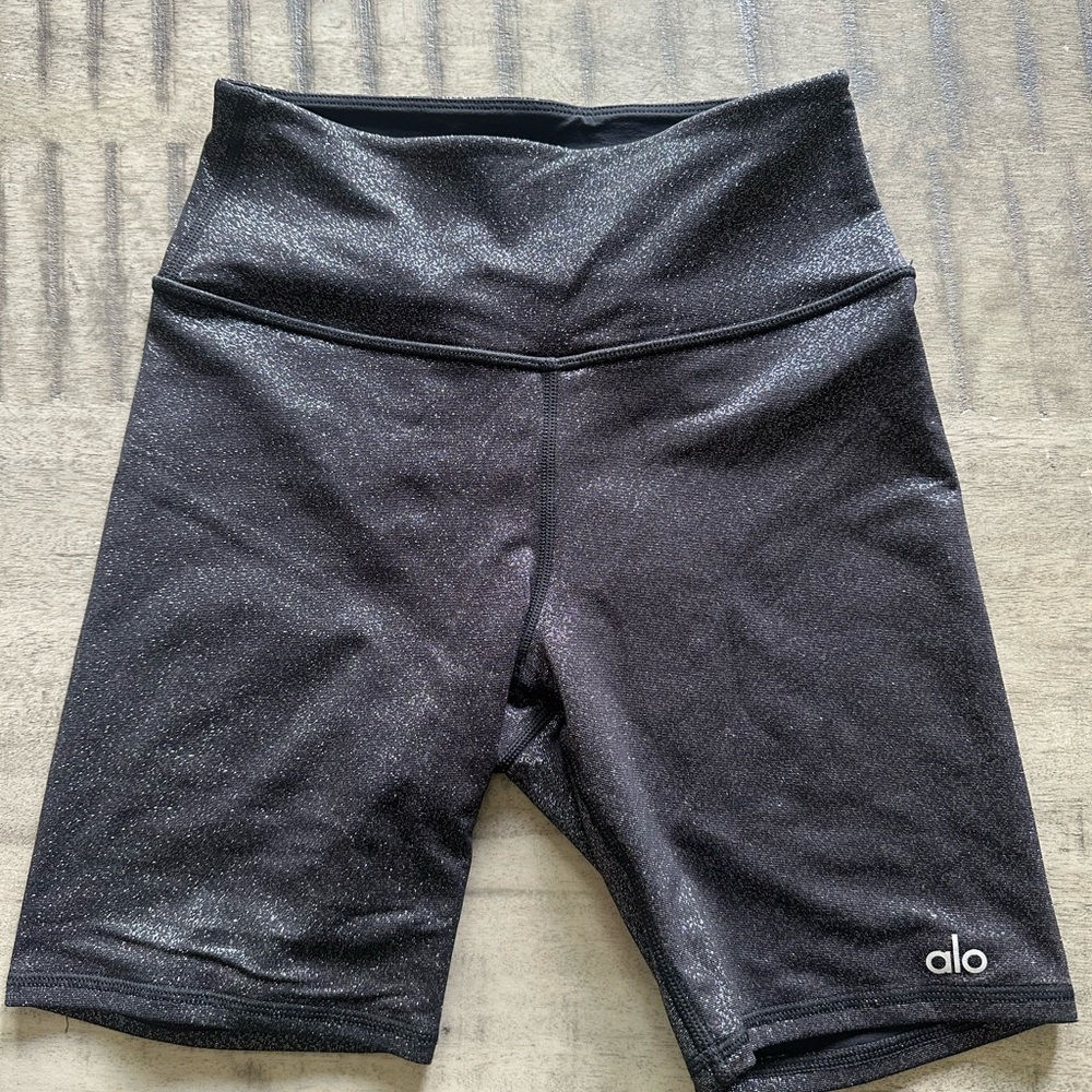 ALO Yoga Black Shimmer Bike Shorts High-Waisted